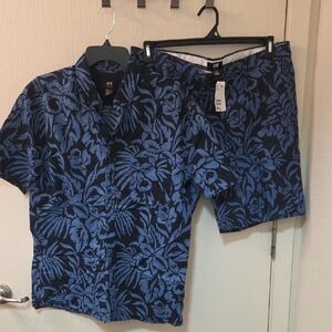 H&M Dark Blue and Black Regular Fit Shirt Set Floral Tropical